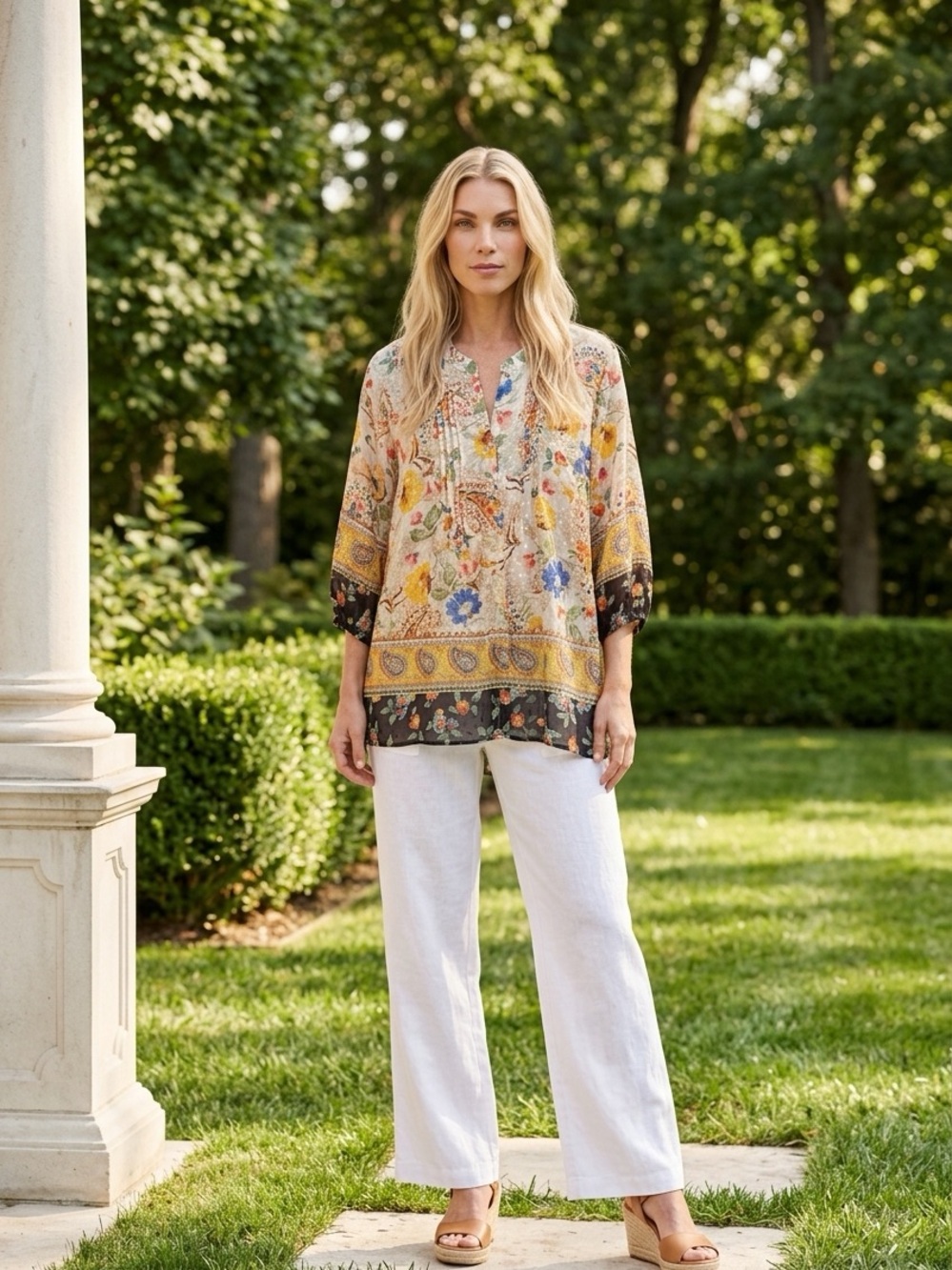 Boho Floral Split-Neck Tunic Top 3X